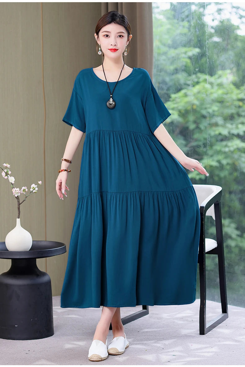 New Fashion 2023 Causal Summer Dresses For Women Loose Solid Long O-neck Dress Vintage Short Sleeve Womens Clothing