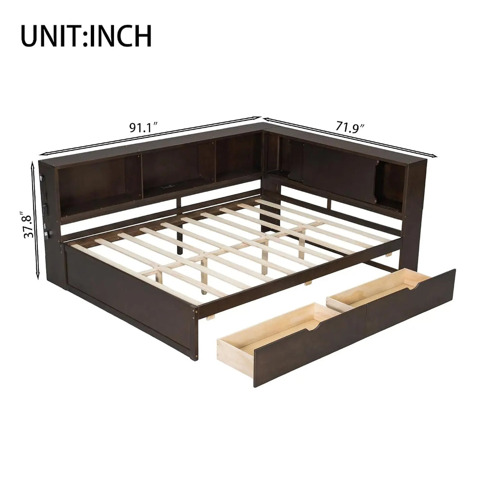 Queen Corner Bed with Storage Drawers & Bookcase, L-Shaped Daybed with LED & USB, Wood Frame for Living Room Bedroom, Customized