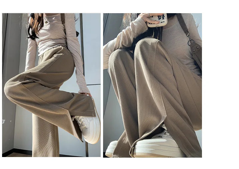 Women's High Waist Wide Leg Knitted Pants - Side Split Casual Long