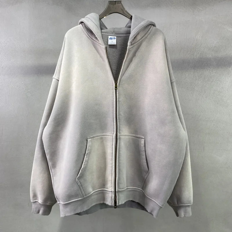 Maqvob European And American High Street Autumn Tie Dye Washed Vintage 360G Fleece Lined Double Zip Puller Sweatshirt Hoodie