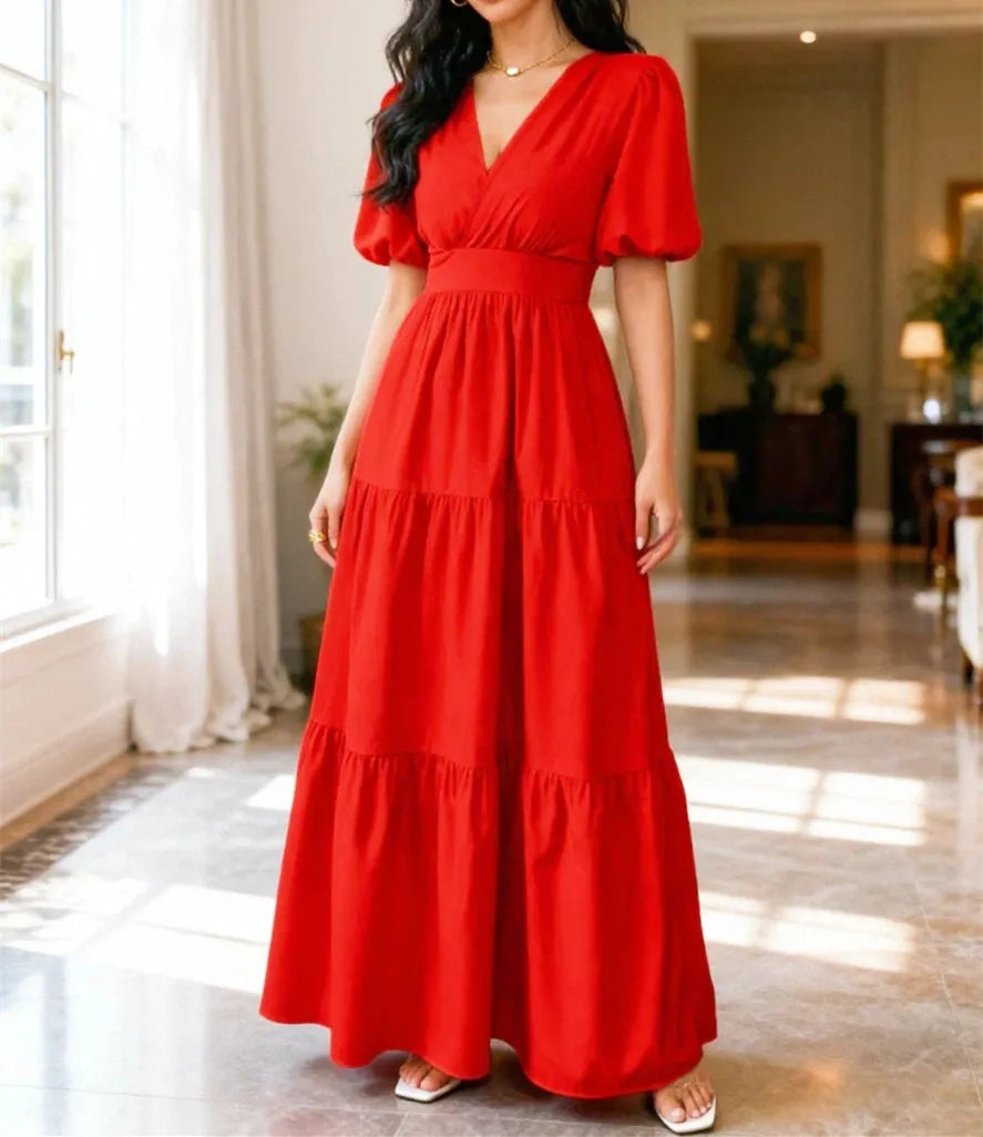 New Spring/Summer Fashion Casual Short Sleeve V-neck Solid Color Slim Fit Ankle Length Patchwork Fit And Flare Dress,2 Colors