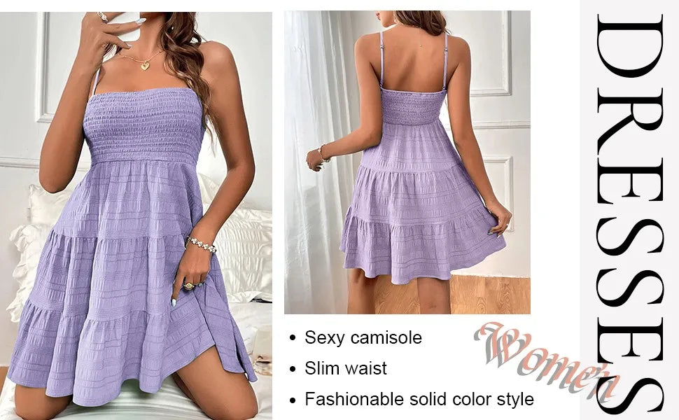Bohemian Beach Sundress Women Sexy Sleeveless Backless Big Swing Mini Dress Solid Spaghetti Strap Ruffles Dresses Vestidos