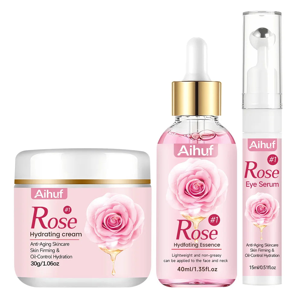 AIHUF Anti-Aging Facial Skincare Set with Rose Day Night Cream And Eye Cream for Dark Circles Puffiness Moisturizing And Firming