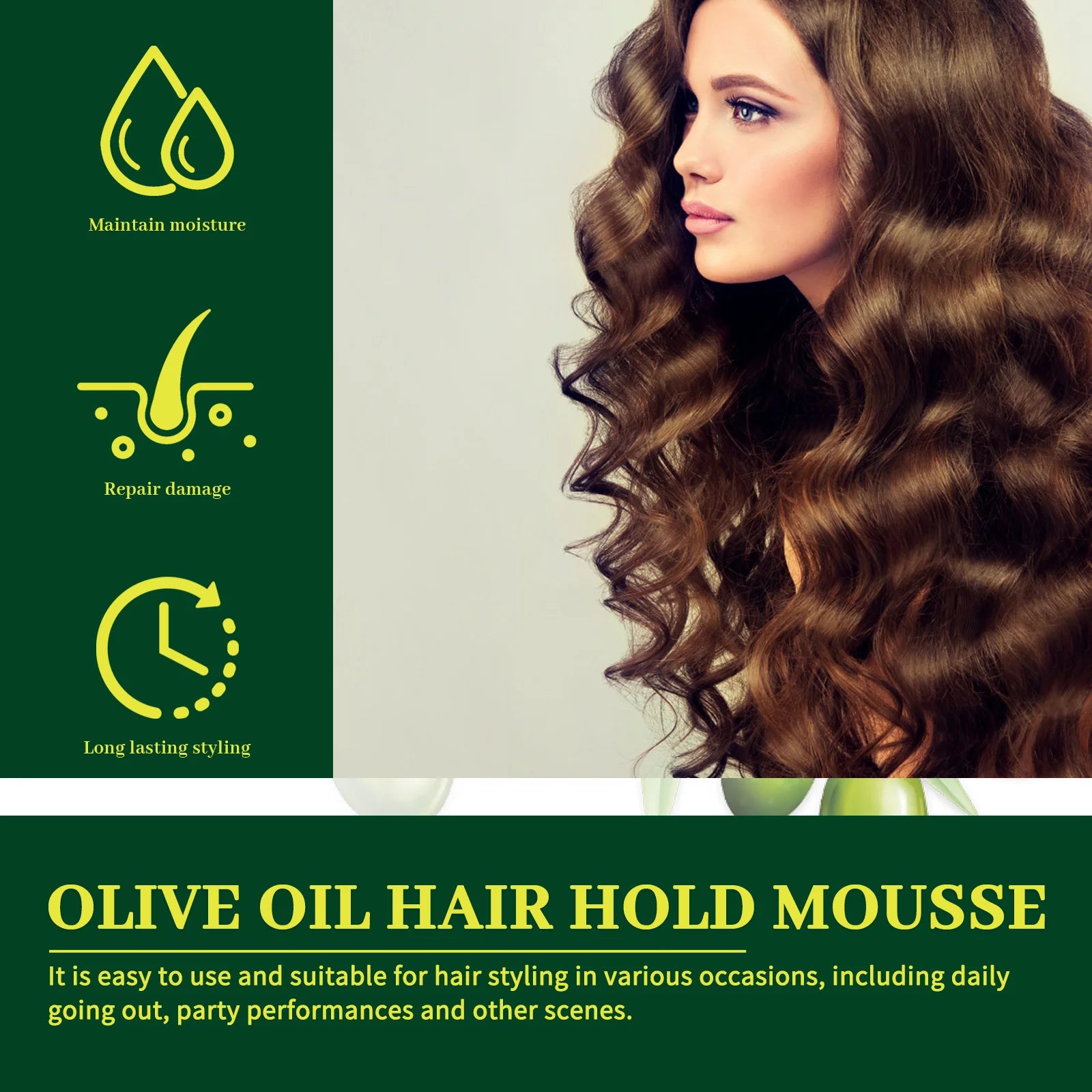 Olive Oil Hair Styling Mousse Long Lasting Styling Reduces Hair Frizz Prevents Hair Breakage Maintains Hair Curls Hold Mousse