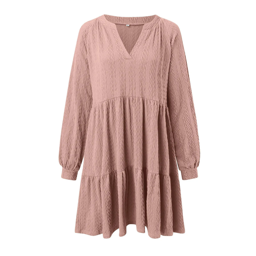 Spring Summer Women Dress Solid Color V Neck Loose Patchwork Long Sleeve Dresses Casual A-Line Holiday Knee-Length Dress Robes