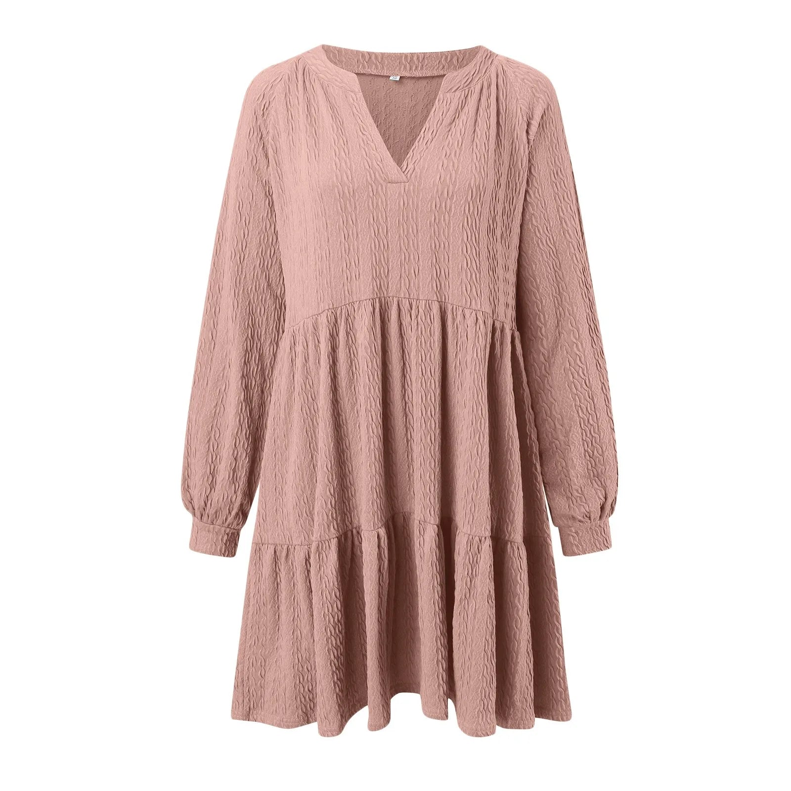 Spring Summer Women Dress Solid Color V Neck Loose Patchwork Long Sleeve Dresses Casual A-Line Holiday Knee-Length Dress Robes