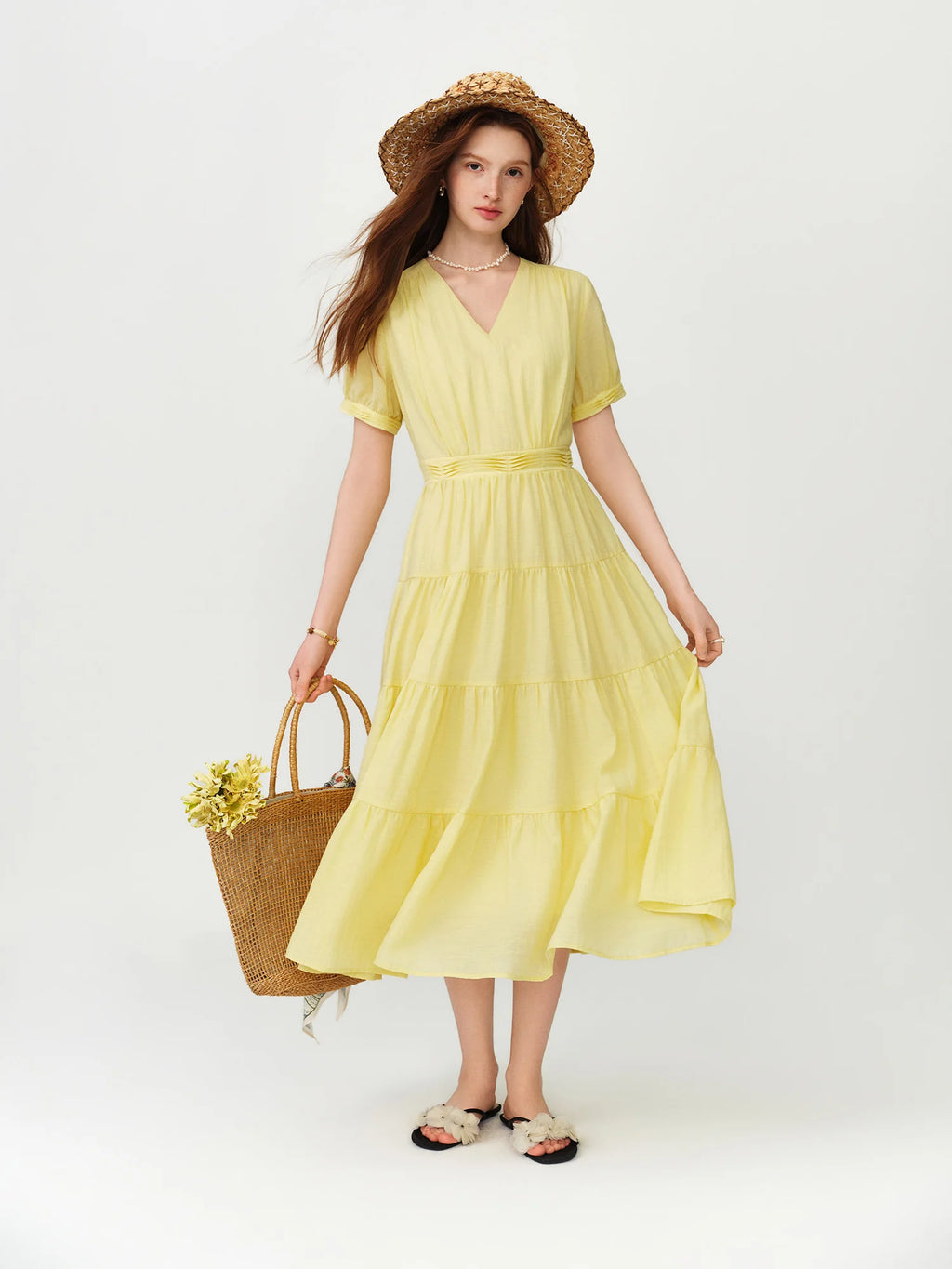 FSLE V-neck Puff Sleeve Pleated Waist Dresses Women New Summer 2026 High-waisted Cut Short Sleeve Mid-calf Length Fairy Dress