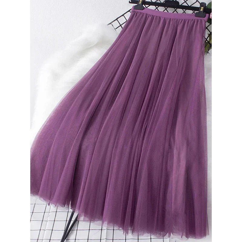 New large hem chiffon long skirt for women's Korean casual simple solid color three-layer A-line high waisted long skirt