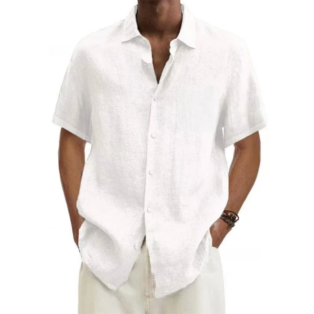 FURCW Men's Short-Sleeve Cotton Linen Shirt - Casual Button-Down