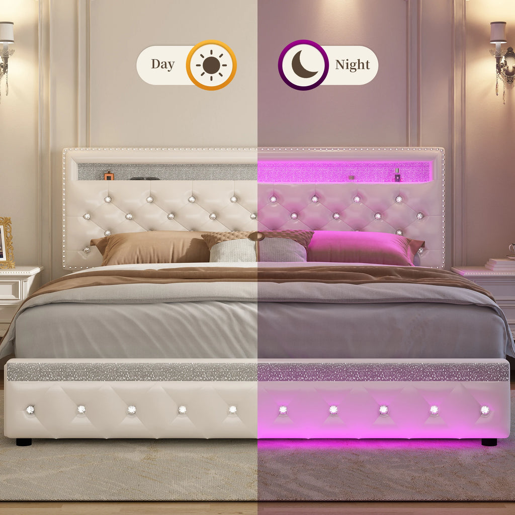 SIBEDS Queen Upholstered Platform Bed Frame with LED Lights and 2 Storage Drawers, Crystal Button Tufted Headboard, Height Adjustable Design, Side Pockets, Solid Slats Support, No Box Spring Needed