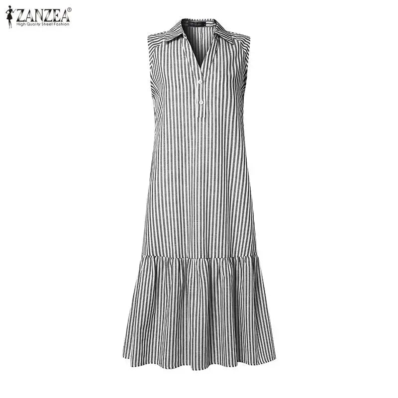 ZANZEA Elegant Women Striped Sleeveless Shirt Dress Casual Ruffle Hem Summer Holiday Button Down Office Work Midi Sundress Robe