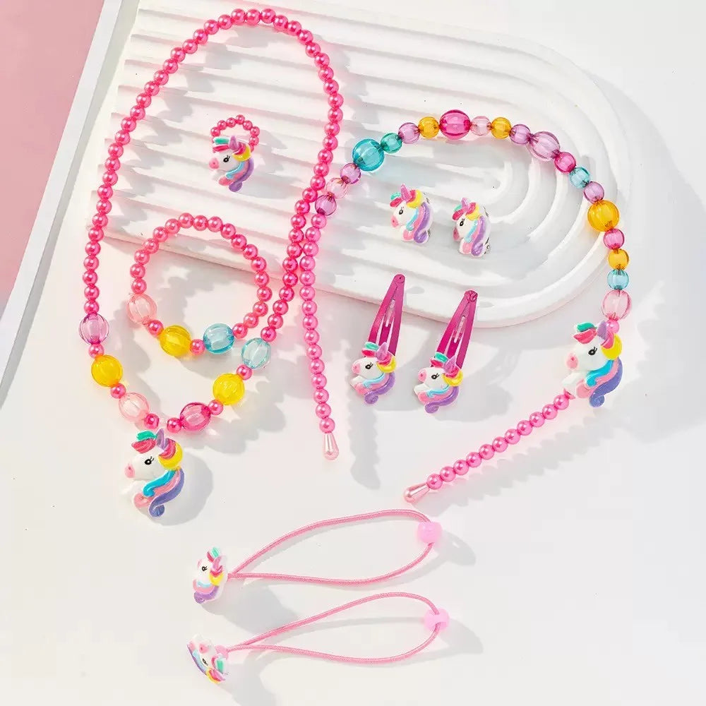 1 Set Handcrafted Unicorn Kids Beaded Jewelry Set Cute Animal Necklace Bracelet Ring And Hair Clips Set For Little Princess