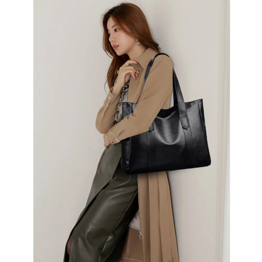 Large Capacity Vintage PU Leather Tote Bag - Casual Square Handbag