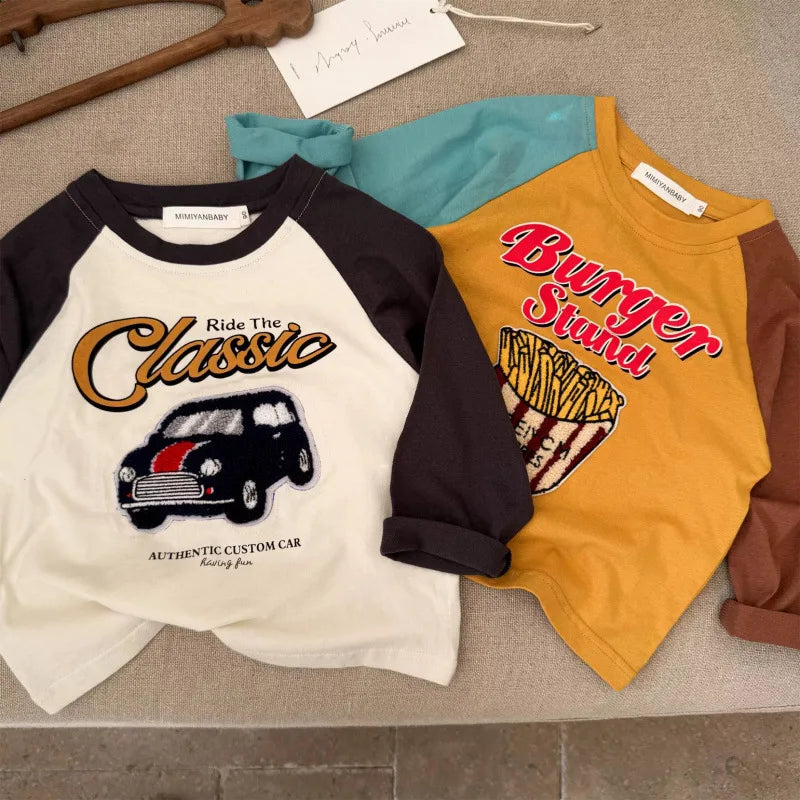 Boys Spring Cartoon Splicing T-Shirt Costume Toddler Fashion Cute Round Neck Tees Casual Loose New Long-Sleeved Tops Outer Wear