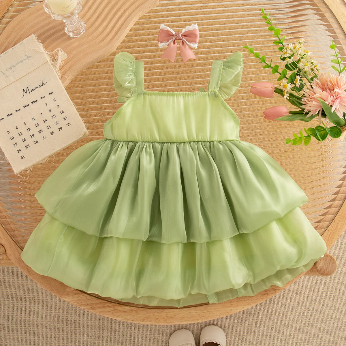 Newborn Girl Dress Layered Chiffon Princess Dress Flower Bow Tutu Dress for Baby Girl