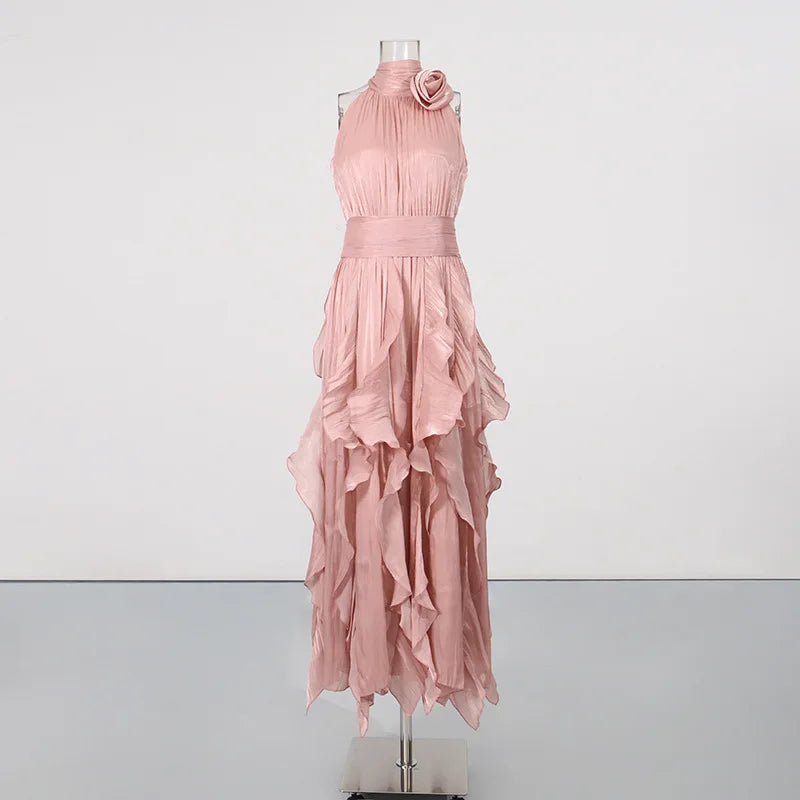 2026 New Halter Neck Evening Dress with 3D Rose, Ruffled Chiffon Maxi Gown, Elegant A-Line Formal Party Dress for Wedding Guest,