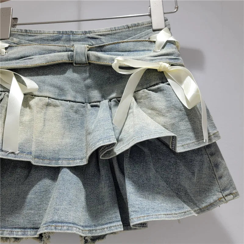 Denim Cake Skirts Women Short Skirt A Line High Waist Slim Fit Elegant Splice Y2k Streetwear Work Bow Sweet 2026 Summer