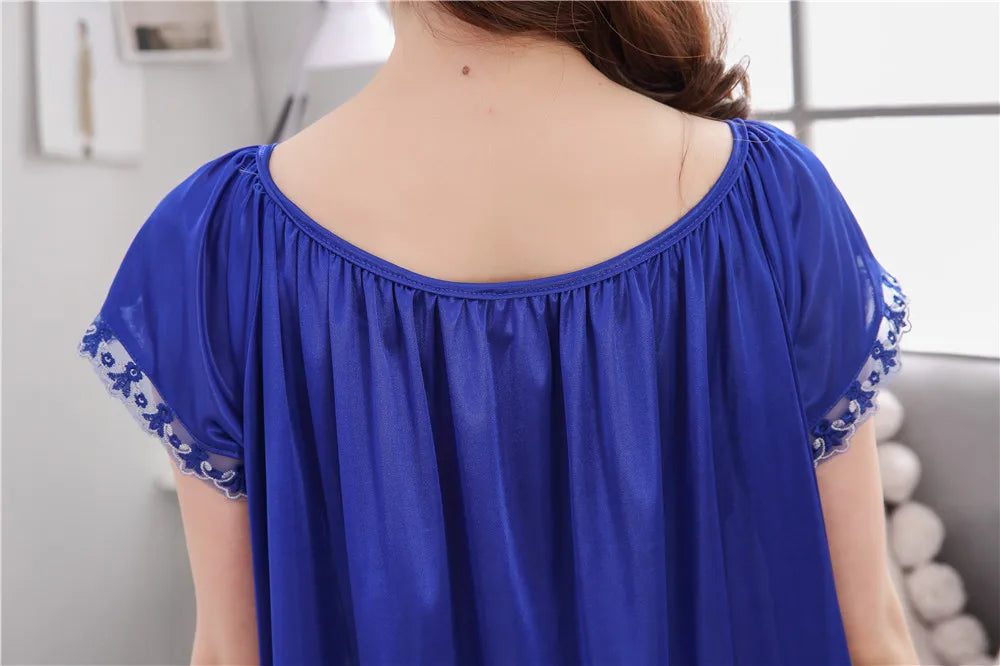 2026 New Women's Summer Imitation Silk Sleeping Skirt Multi Colored Short Sleeved Home Clothes Ice Silk Pajama Dress