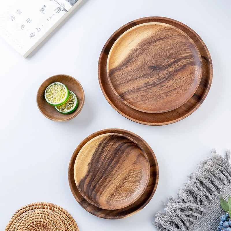 Wooden Dinner Plates Household Round Coffee Tray solid wood Tea saucer ins Japanese style dim sum For Food Snack Dishs