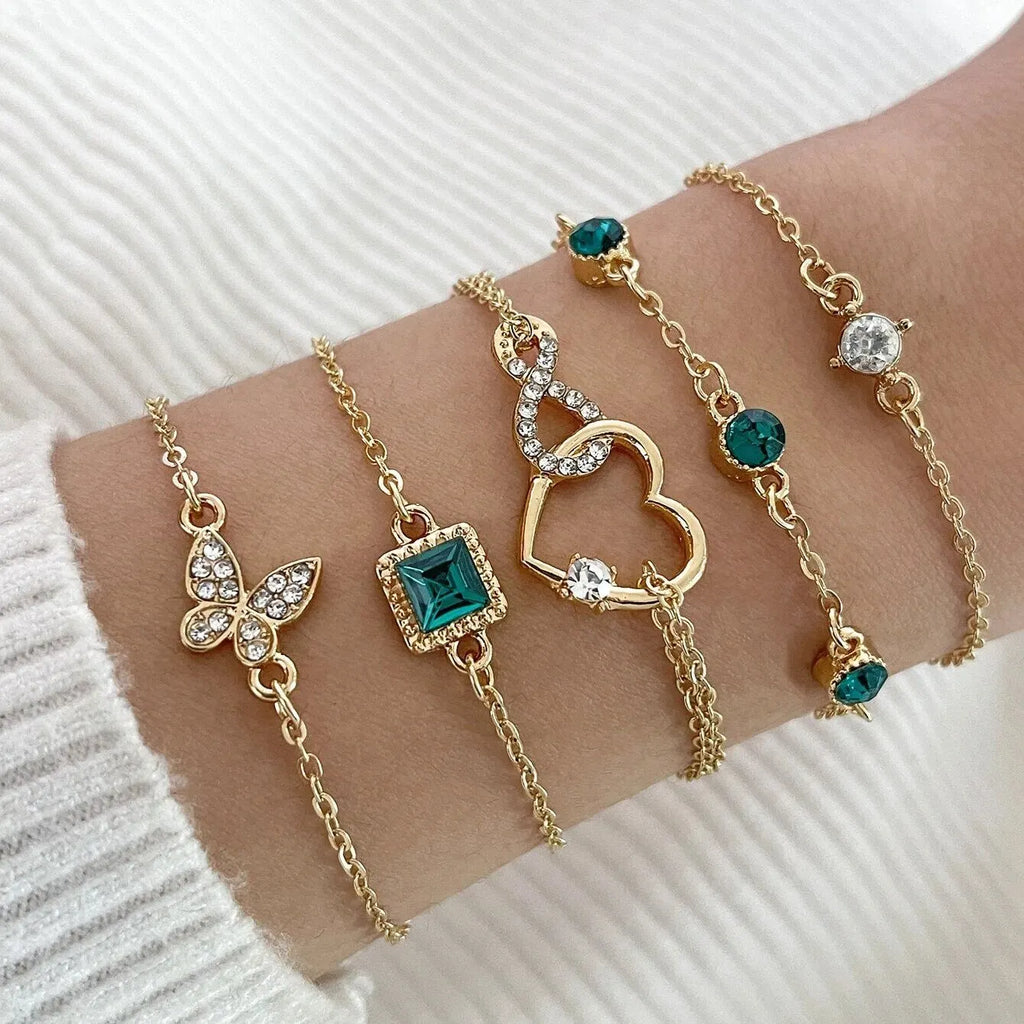 5 Pcs Set Hallow Out Heart Green Crystal Stone Bracelet Set For Women'S Gold Color Lovely Butterfly Rhinestone Girls Bracelet Set