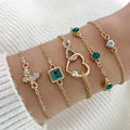 5 Pcs Set Hallow Out Heart Green Crystal Stone Bracelet Set For Women'S Gold Color Lovely Butterfly Rhinestone Girls Bracelet Set