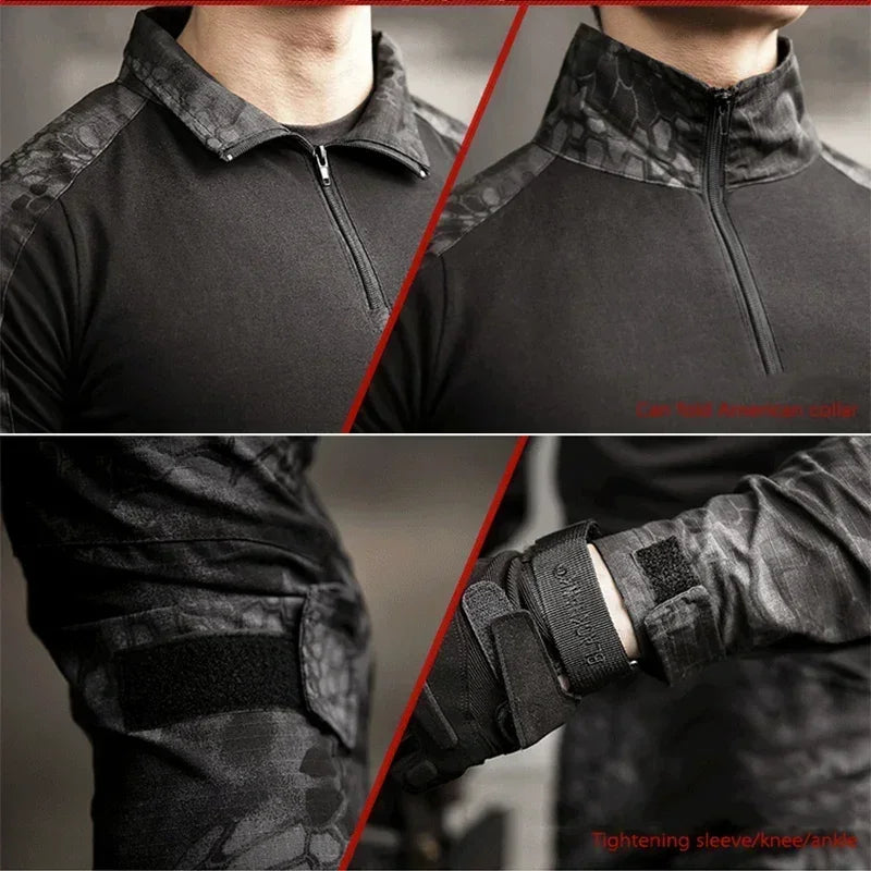Outdoor Long Sleeve Tactical Shirts Combat Shirt 1/4 Zipper Ripstop Cotton Wear-Resisting Camo Airsoft T Shirts Men Clothing