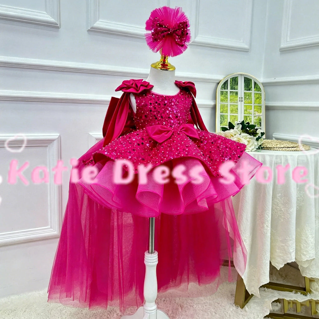 Customized Shiny Flower Girl Dress For Wedding Tulle WIth Bow Puffy Sequins Puffy Kids Birthday Party First Communion Ball Gowns