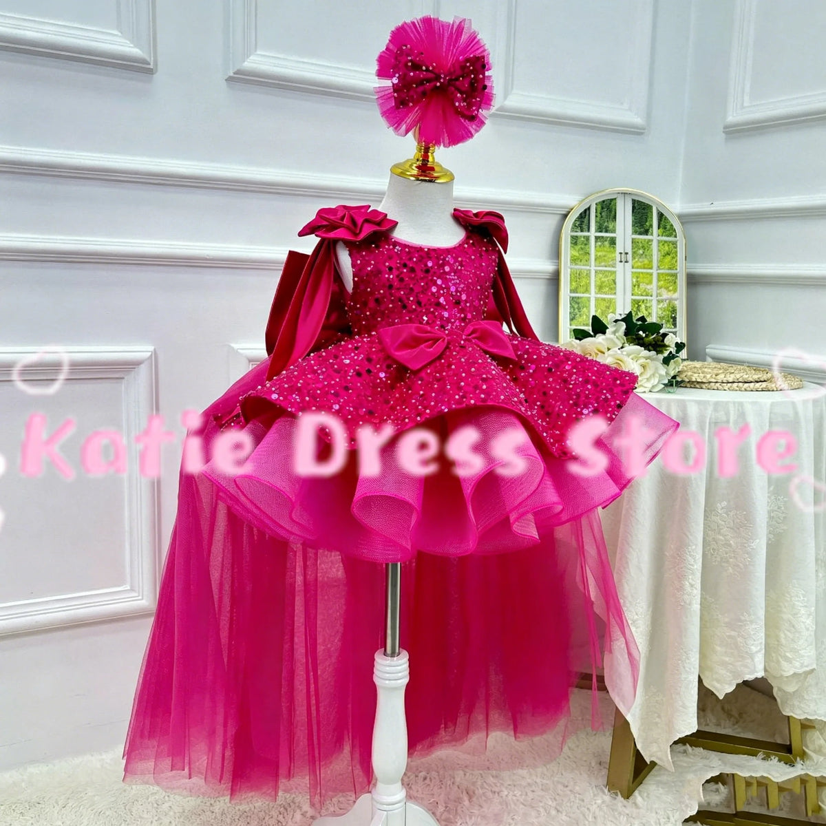 Customized Shiny Flower Girl Dress For Wedding Tulle WIth Bow Puffy Sequins Puffy Kids Birthday Party First Communion Ball Gowns