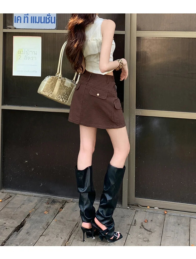High Waist A-Line Mini Skirt Denim Skirt Women's Multi-Pocket Anti-Light Workwear Half Skirt Street Style Casual Wear