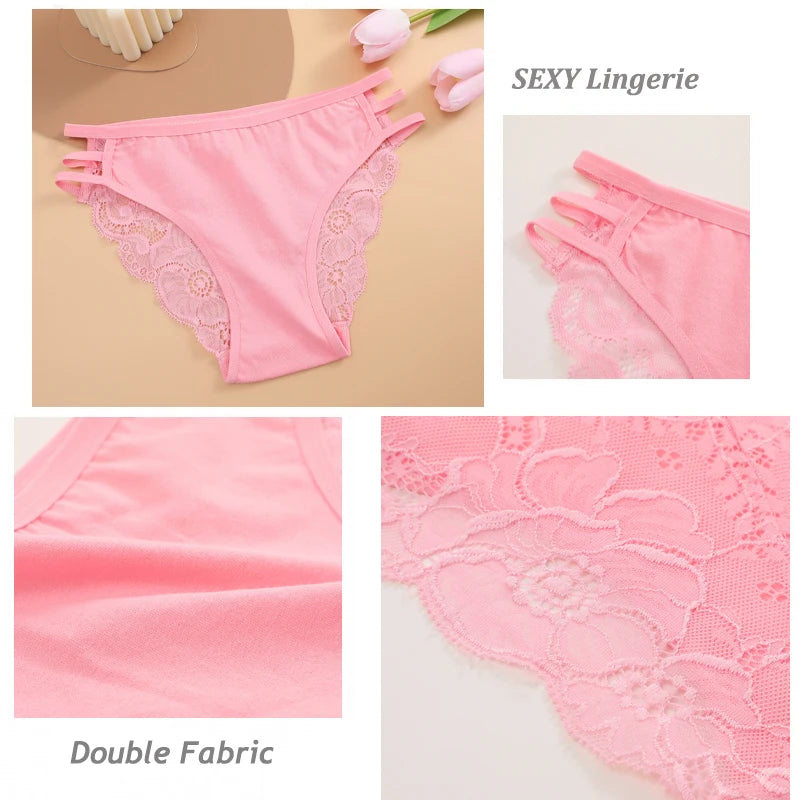 3Pc/Set Women'S'S Sexy Floral Lace Panties Low Rise Hollow Out Briefs Transparent Underwear Female Elastic Straps Soft Lingerie