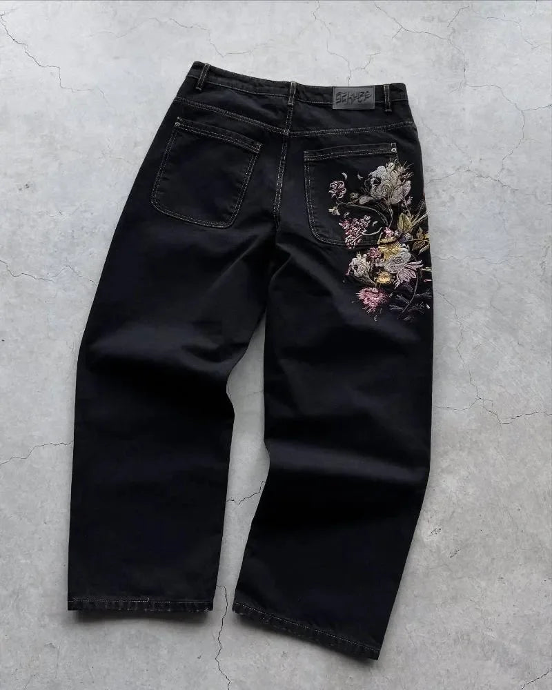 BiggOrange Cherry Blossom Embroidered Wide Leg Jeans - Baggy Y2K