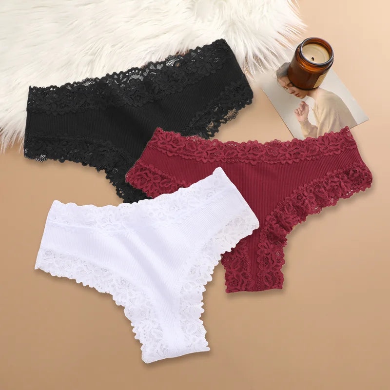 Women Cotton Panties Set 3 Pieces Floral Lace Patchwork Briefs Breathable Soft Underwear Size S XL