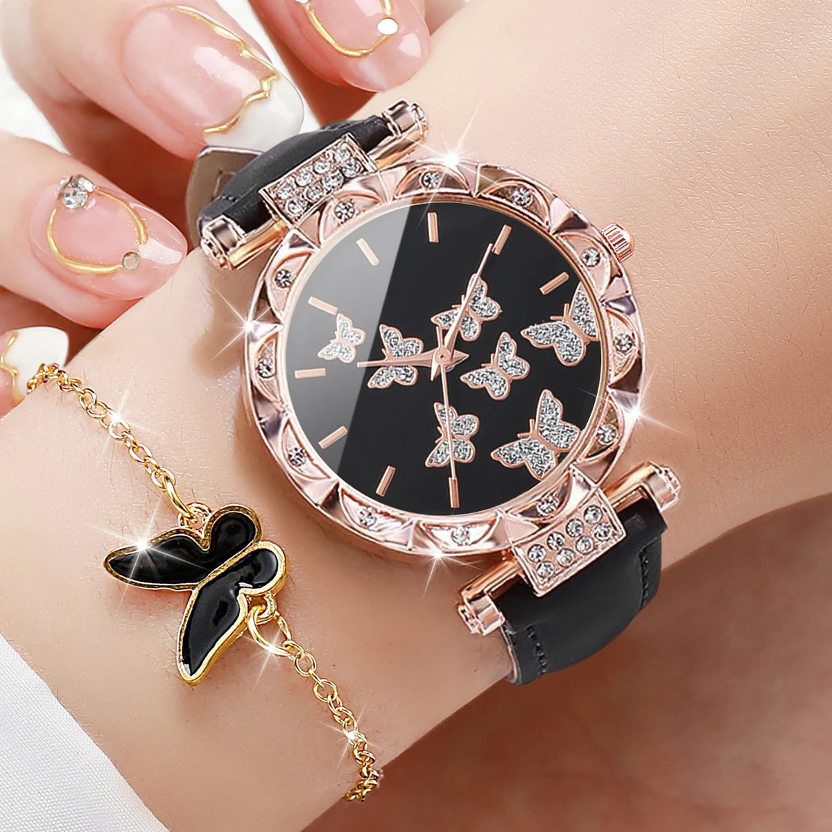 Ladies' Fashion Light Luxury Quartz Watch Classic Butterfly Pattern Digital Diamond Face Women's Style