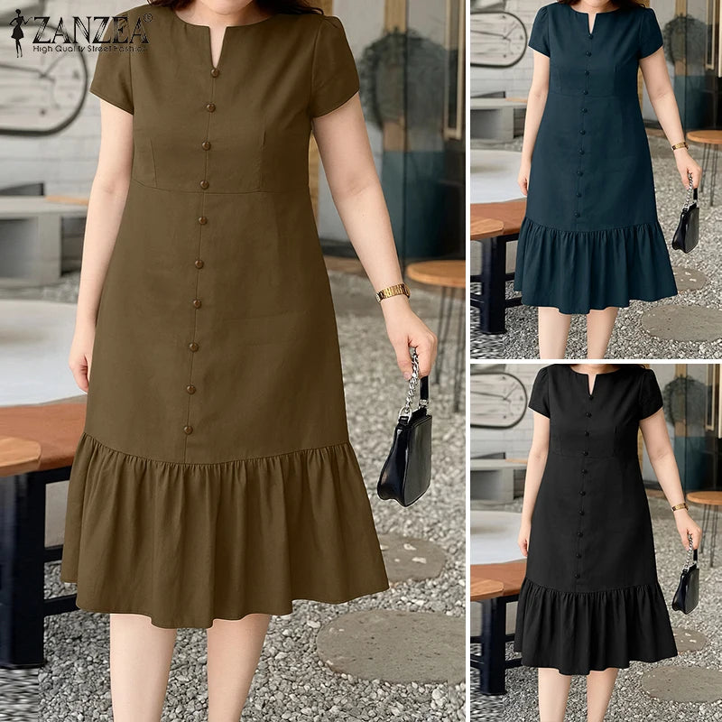 Stylish Summer Dress 2025 ZANZEA Women Elegant V-Neck Midi Dresses Office Work Sundress Short Sleeve Solid Buttons Vestidos Robe