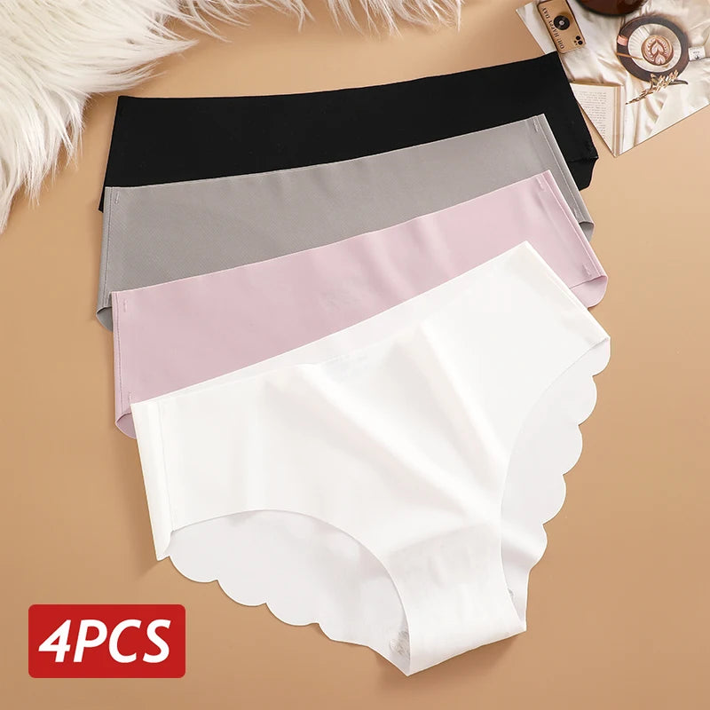 Ice Silk Seamless Panties 4Pcs/Set Women'S'S Briefs Solid Color Elastic Underwear Female Ultra Thin No Trace Wavy Side Panties