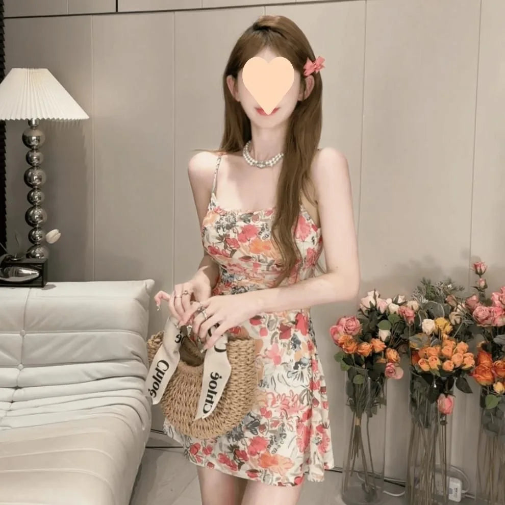 Retro American Vacation Style Floral Print Halter Dress Women's Summer Sweet Spicy Waist Cinching Skirt Elegant Fashionable S...