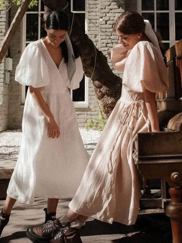 Long Dress Women Dresses Vestidos Lace Up V Neck Puff Sleeve Solid High Waist Female A Line Office Lady Summer 2025 Maxi Gown