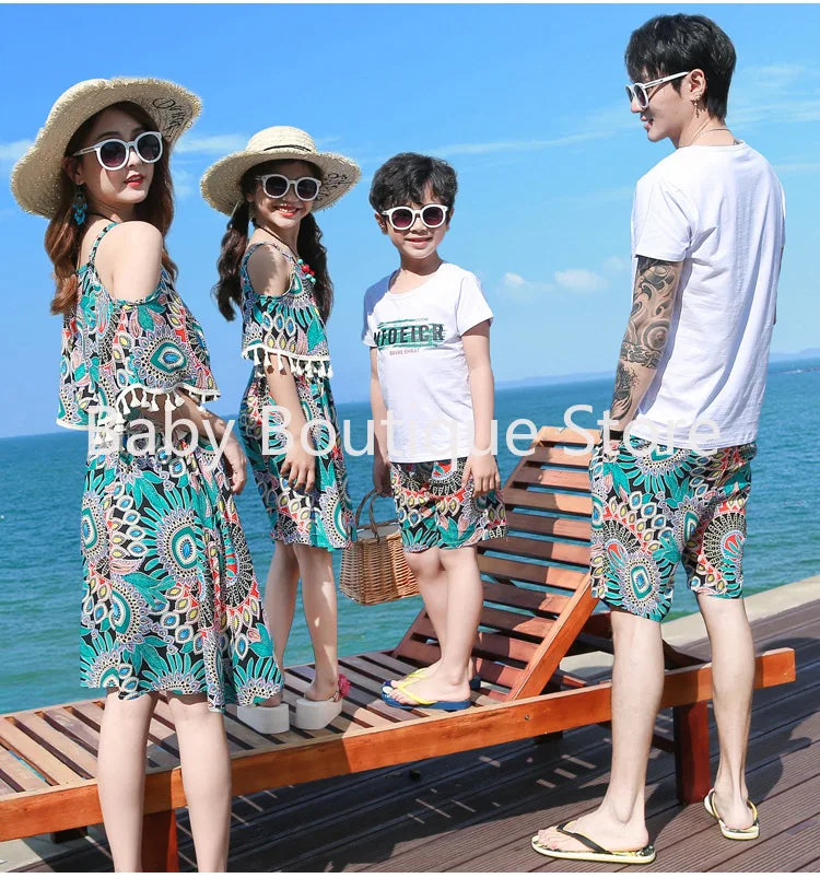 2025 Elegant Floral Girls Dress Family Matching Summer Outfit Off-Shoulder Midi Boho Dress Boys Set Fashionable Beach Vacation