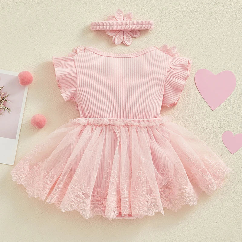 Maemukilabe Baby Girl Lace Tulle Romper Dress With Headband For Toddler Girls 1 To 2 Years Floral Bow