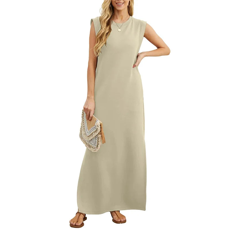 Casual Maxi Dress For Women Summer Loose Sleeveless Long Dresses Elegant Lady O Neck Solid Color Boho Beach Sundress Vestidos