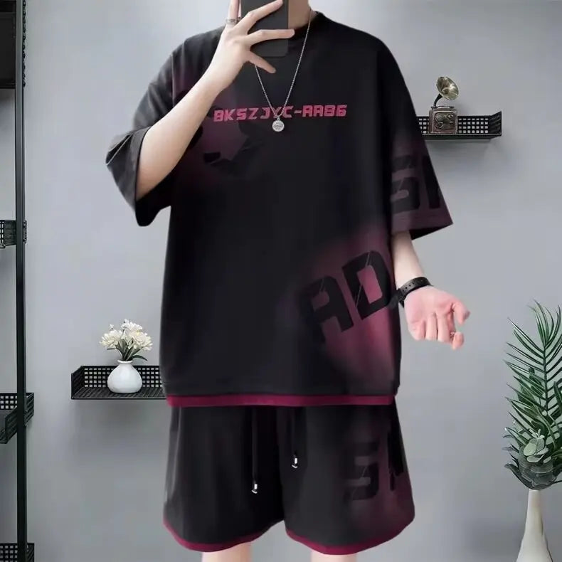 Summer Men'S Large Suit S-6Xl New Trendy Two Piece Set Korean High Street Fashion T-Shirt Shorts Tracksuits Designer Clothes Men