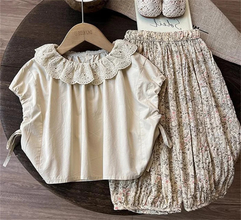 2026 Kids Casual Clothing Suit Children Floral Collar Shirt + Pants 2Pc Outfit Girls Summer Bloomers+Top Set 1-6 Years