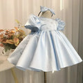 2026 Baby Girls Party Dress Blue Children Clothes Elegant Baptism Sleeves Plain Ball First Birthday Beading Puff Gowns
