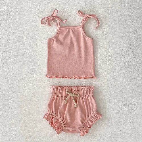 Toddler Girl Summer Clothes Set 0 To 24 Months Sleeveless Vest And Shorts Solid Color Outfit