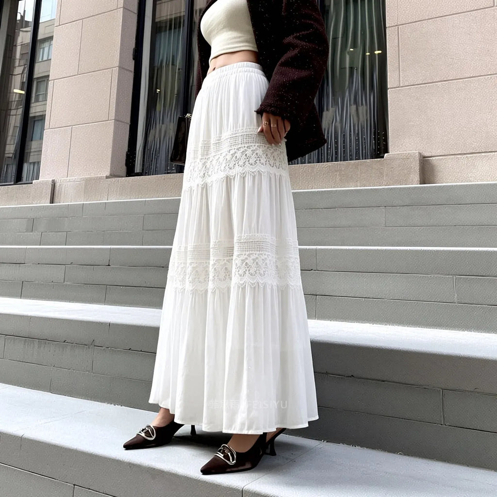 White Double Lace Tiered Maxi Skirt Women Full Elastic Waist Flowy Ruffle A-Line Long Skirt