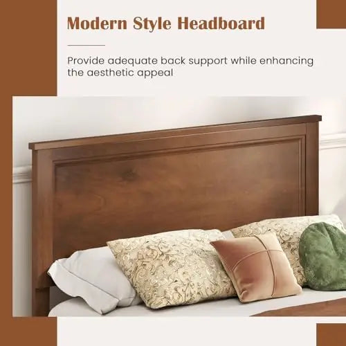 Full Size Wood Bed Frame, Mid-Century Modern Platform Bed with Headboard, Solid Wood Legs, Mattress Foundation with 12