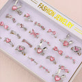 10Pieces Fashion Pink Rhineston Rings Set For Women Mix Style Butterfly Heart Love Open Adjustion Daily Jewelry Party Gifts