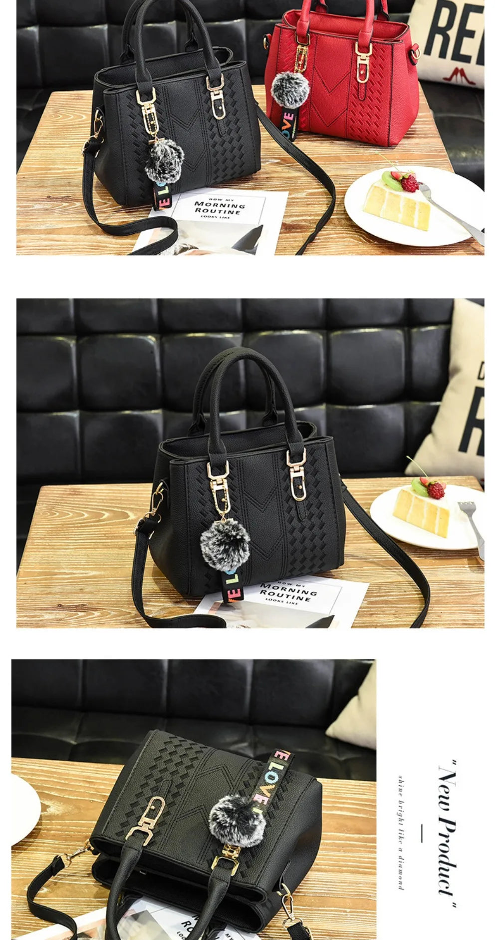 Korea Leather Women Handbag with Keychain Open Pocket Shoulder Bag Large Capacity Casual Messenger Bag Lady