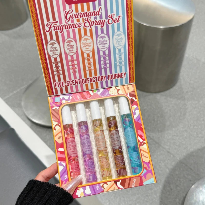 5pcs Gourmand Perfum Set Long Lasting Sweet Vanilla Cake Scent Mini Portable Fragrance Spray Set For Women