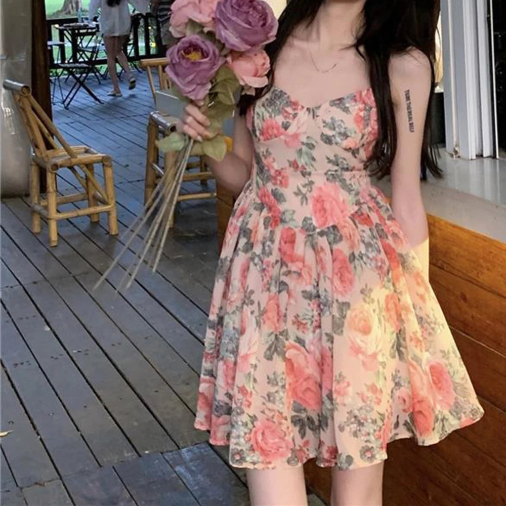 Women's Floral Print A-line Dress with Adjustable Straps and High Waist Design for Spring Summer Autumn Winter Wear